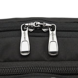 Pacsafe EXP35 anti-theft travel backpack in black with multiple compartments and padded straps, designed for secure travel.