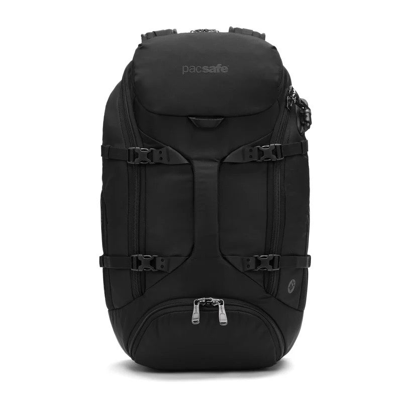 Pacsafe EXP35 anti-theft travel backpack in black with multiple compartments and security features, designed for secure travel.