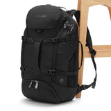 Pacsafe EXP35 anti-theft travel backpack in dark color with multiple compartments and padded straps for secure travel.