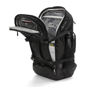 Pacsafe EXP35 anti-theft travel backpack in black fabric, featuring multiple compartments and secure zipper closures.