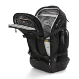 Pacsafe EXP35 anti-theft travel backpack in black fabric, featuring multiple compartments and secure zipper closures.