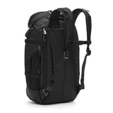 Pacsafe EXP35 anti-theft travel backpack in black with multiple compartments and security features, designed for secure travel.