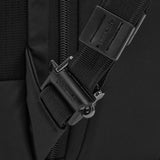 Pacsafe EXP35 anti-theft travel backpack in black with padded shoulder straps and multiple compartments for secure travel storage.