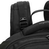 Pacsafe EXP35 anti-theft travel backpack in black with multiple compartments and padded shoulder straps on a white background.
