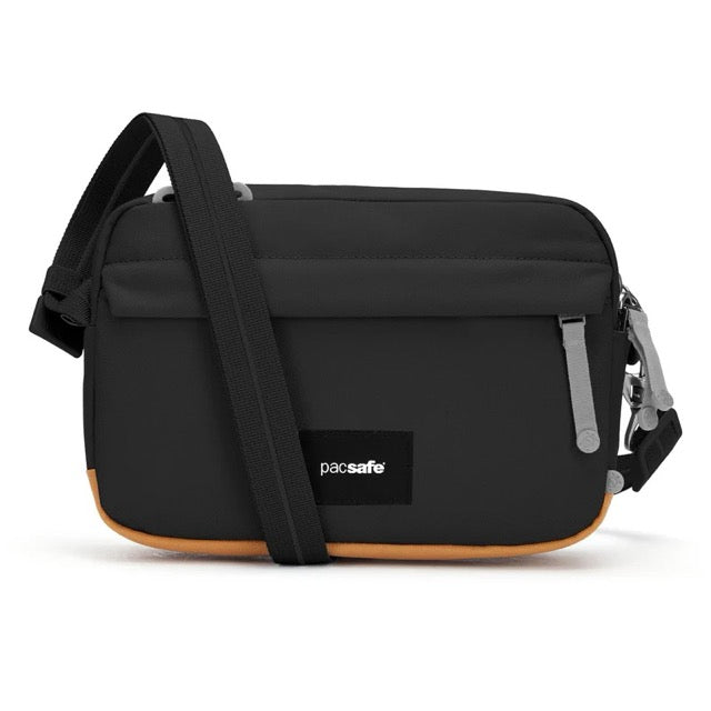 Black Pacsafe GO Anti-Theft Crossbody Bag with secure zipper and adjustable strap, designed for safe everyday carrying.
