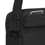 Black Pacsafe GO anti-theft crossbody bag with secure zippers and sleek design, ideal for travel and everyday use.