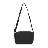 Black Pacsafe GO anti-theft crossbody bag with secure zipper compartments and adjustable strap, designed for urban travel.
