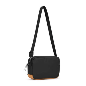 Black Pacsafe GO anti-theft crossbody bag with secure zippers and sleek design, perfect for daily use.