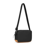 Black Pacsafe GO anti-theft crossbody bag with secure zippers and sleek design, perfect for daily use.