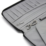 Black Pacsafe RFIDsafe RFID blocking travel wallet with multiple card slots and secure zipper closure.