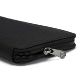 Black Pacsafe RFIDsafe RFID blocking travel wallet with multiple compartments and secure zipper closure.
