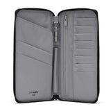 Black Pacsafe RFIDsafe RFID blocking travel wallet with multiple card slots and secure zip closure, designed for safe travel.