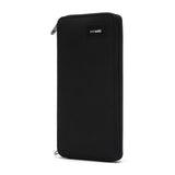 Black Pacsafe RFIDsafe RFID blocking travel wallet with multiple card slots and secure zipper closure.