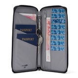 Black Pacsafe RFIDsafe RFID blocking travel wallet with multiple compartments and secure design for safe travel.