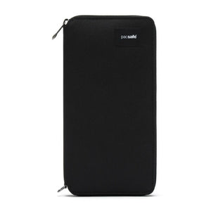 Pacsafe RFIDsafe RFID blocking travel wallet in black with multiple card slots and secure zip closure.