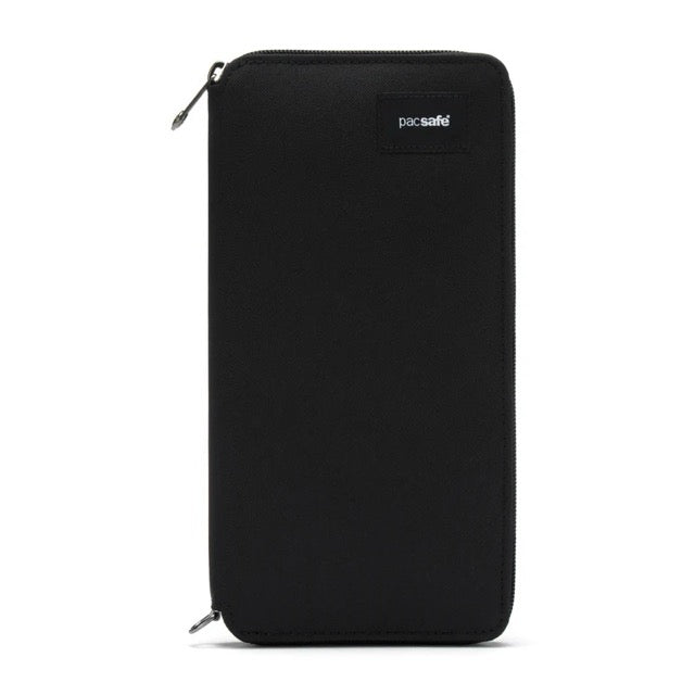 Pacsafe RFIDsafe RFID blocking travel wallet in black with multiple card slots and secure zip closure.