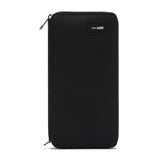 Pacsafe RFIDsafe RFID blocking travel wallet in black with multiple card slots and secure zip closure.