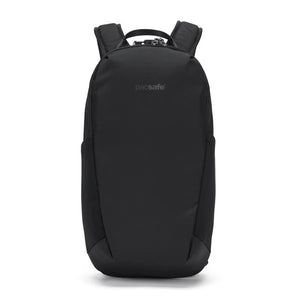 Pacsafe V 12L anti-theft tech backpack with padded shoulder straps, RFID blocking pocket, and sleek black design.