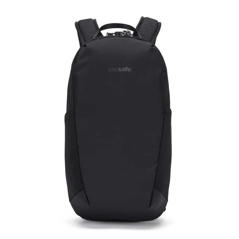 Pacsafe V 12L anti-theft tech backpack with padded shoulder straps, RFID blocking pocket, and sleek black design.