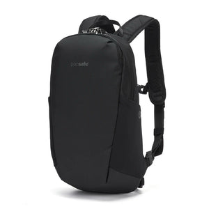 Pacsafe V 12L anti-theft tech backpack in black with multiple compartments and secure zippers, designed for travel and daily use.
