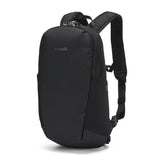 Pacsafe V 12L anti-theft tech backpack in black with multiple compartments and secure zippers, designed for travel and daily use.