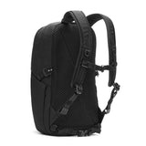 Pacsafe V 24L anti-theft active backpack in black with multiple compartments and secure zippers, designed for outdoor and travel use.