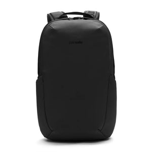Pacsafe V 24L anti-theft active backpack in black with multiple compartments and secure zippers, designed for outdoor and urban use.