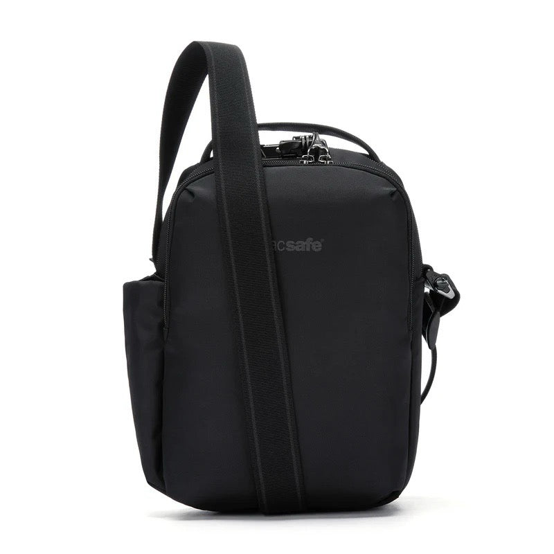 Black Pacsafe V anti-theft tour crossbody bag with secure zippers and adjustable strap, designed for safe, hands-free carrying.