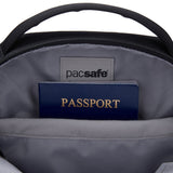 Black Pacsafe V anti-theft tour crossbody bag with secure zippers and adjustable strap, designed for safe carrying.