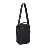 Black Pacsafe V anti-theft tour crossbody bag with secure zippers and adjustable strap, designed for safe and comfortable carrying.