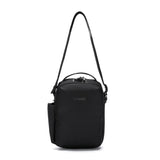 Black Pacsafe V anti-theft Tour crossbody bag with secure zippers and adjustable strap for travel safety and convenience.