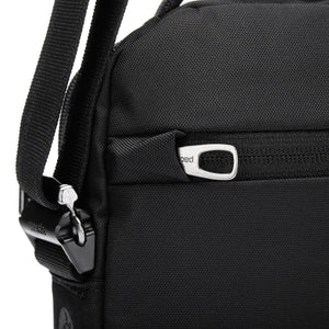 Black Pacsafe V anti-theft tour crossbody bag with adjustable strap and secure zipper closure, designed for travel and everyday use.