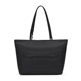 Pacsafe anti-theft carryall tote bag in black with multiple compartments and secure zippers, designed for everyday use.