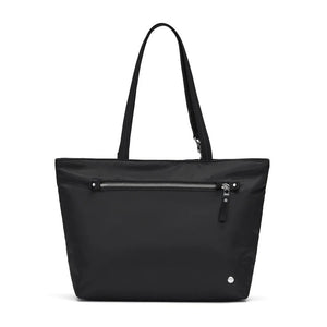 Pacsafe anti-theft carryall tote bag in large size with secure zipper closure and padded shoulder straps, designed for everyday use.