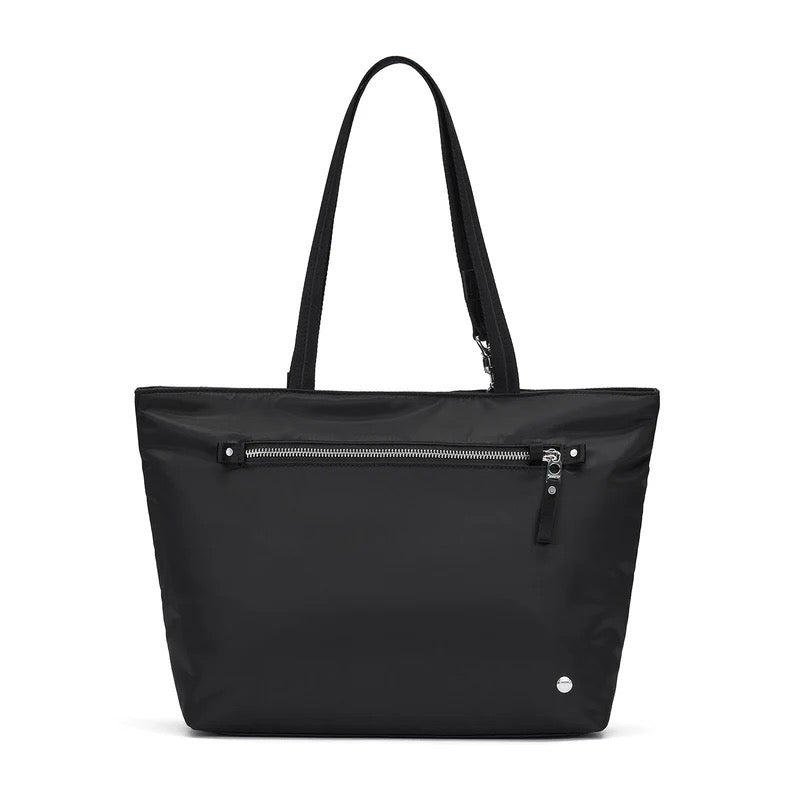 Pacsafe anti-theft carryall tote bag in large size with secure zipper closure and padded shoulder straps, designed for everyday use.
