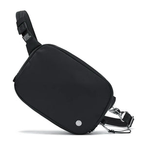 Pacsafe anti-theft micro sling bag with adjustable strap, compact design, and secure zippers for safe everyday carrying.
