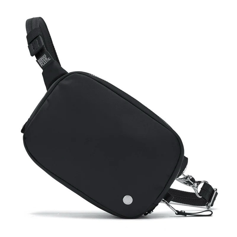 Pacsafe anti-theft micro sling bag with adjustable strap, compact design, and secure zippers for safe everyday carrying.