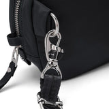 Pacsafe anti-theft micro sling bag in black with compact design and adjustable strap, ideal for secure daily carrying.