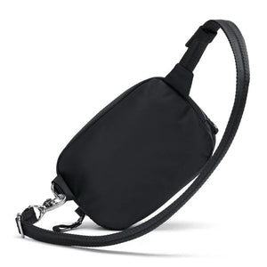 Pacsafe anti-theft micro sling bag in black with adjustable strap and compact design, ideal for secure carry on the go.