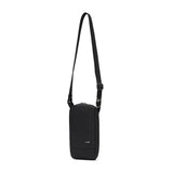 Blue Pacsafe RFID blocking tech crossbody bag with adjustable strap and multiple compartments, designed for secure everyday use.