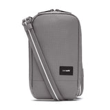 Blue Pacsafe RFID blocking tech crossbody bag with adjustable strap and multiple compartments for secure everyday use.