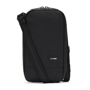 Pacsafe RFID blocking tech crossbody bag with adjustable strap and multiple compartments, made of durable fabric.