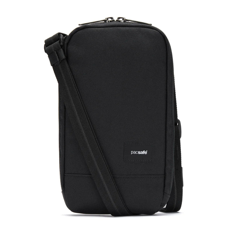 Blue Pacsafe RFID blocking tech crossbody bag with adjustable strap and multiple compartments for secure everyday use.