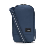 Blue Pacsafe RFID blocking tech crossbody bag with adjustable strap and multiple compartments, designed for secure everyday use.
