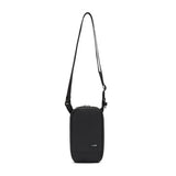 Blue Pacsafe RFID blocking tech crossbody bag with adjustable strap and multiple compartments for secure daily use.