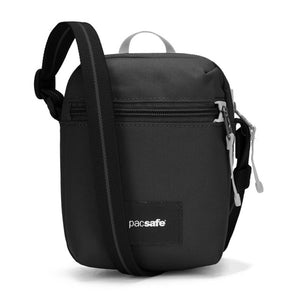 Pacsafe GO Anti-Theft Micro Crossbody bag in black with adjustable strap, compact design, and secure zipper closure.
