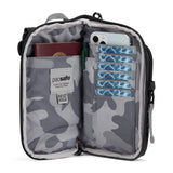 Pacsafe Go Anti-Theft Tech Crossbody bag in Jet Black with secure zipper and adjustable strap, designed for everyday use.