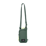 Pacsafe Go Anti-Theft Tech Crossbody bag in Spruce Green with secure compartments and adjustable strap for everyday use.