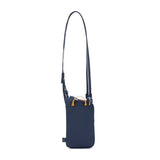 Pacsafe Go Anti-Theft Tech Crossbody Bag in Coastal Blue showing front view with adjustable strap and secure zipper pockets.