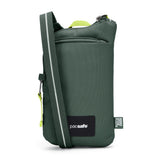 Pacsafe Go Anti-Theft Tech Crossbody bag in spruce green with secure zippers and adjustable strap, designed for travel and daily use.